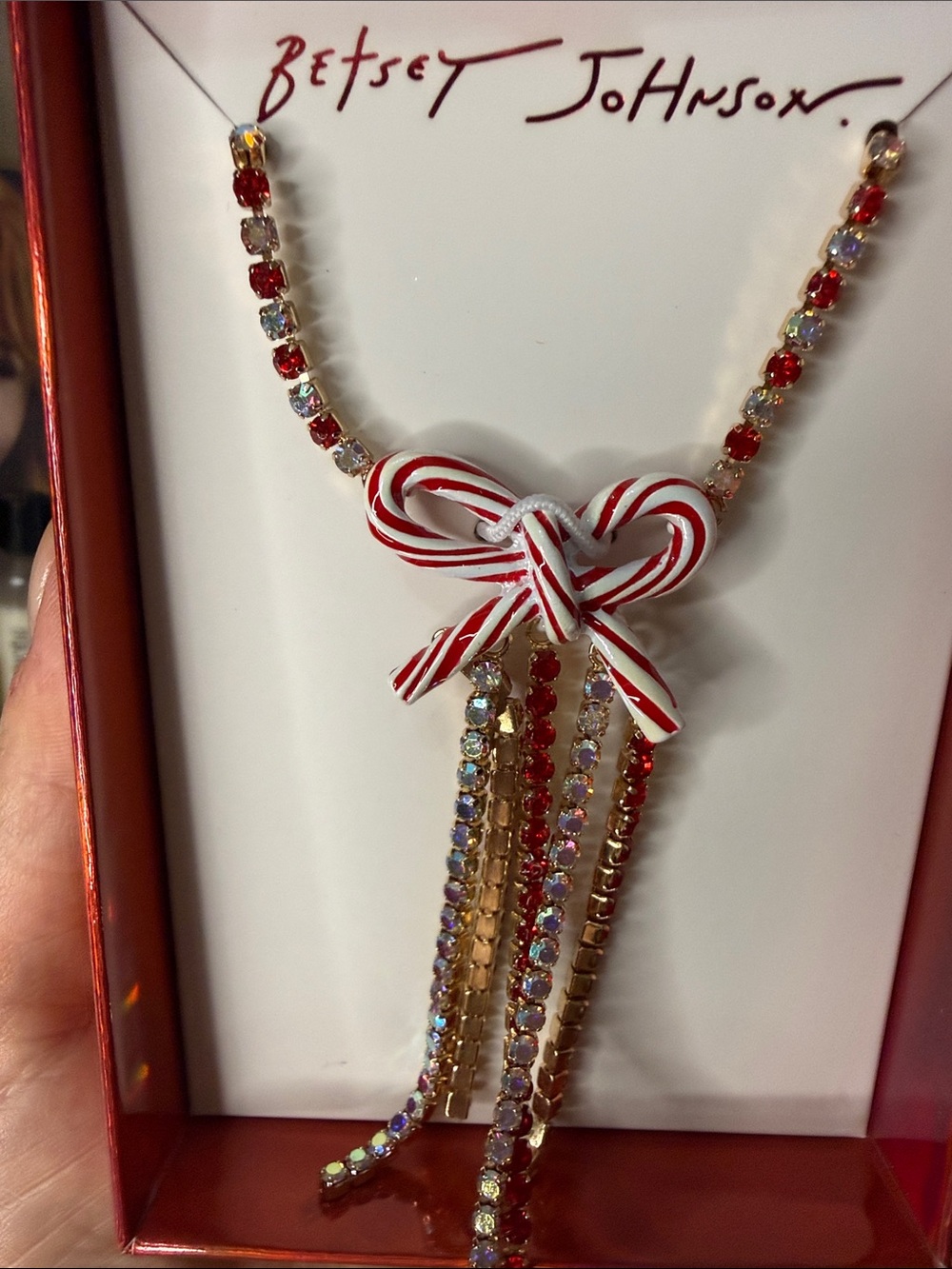 🎄Betsey Johnson Candy Cane Bow Christmas Holiday Necklace New